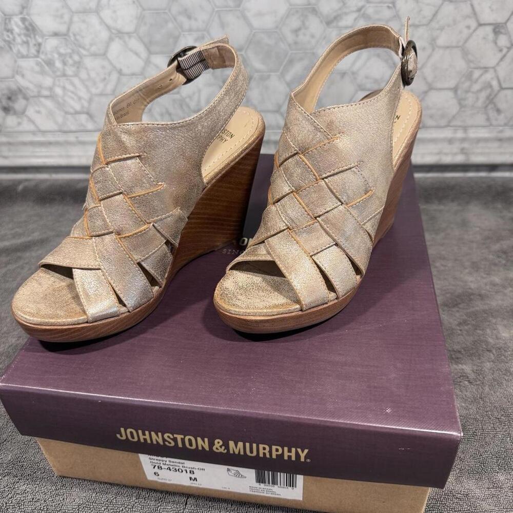 Johnston & Murphy Women 6 Wedges Sandals Gold Made in Brazil Coastal Neutral